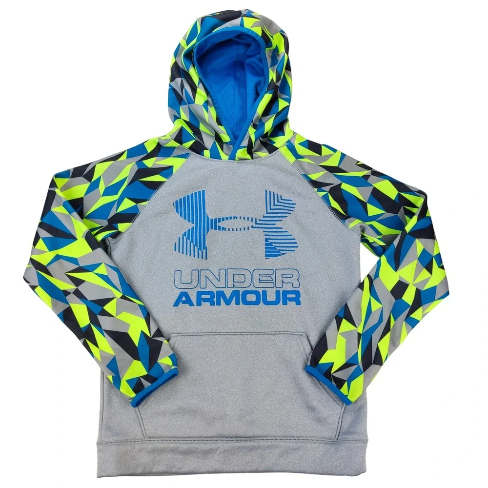 Under Armour Hoodie Boys Medium Gray Blue Geometric ColdGear Pullover Sweatshirt